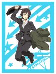  1boy ahoge blue_border briefcase brown_hair carrying_clothes catgirl0926 coat directional_arrow formal idolmaster idolmaster_side-m jumping long_hair looking_at_viewer male_focus official_style parody ponytail producer_(idolmaster_side-m) solo star style_parody suit 