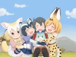  4girls :d ^_^ animal_ears bare_shoulders black_gloves black_hair black_legwear black_neckwear blonde_hair blue_skirt blue_sky bow bowtie brown_eyes chair closed_eyes clouds common_raccoon_(kemono_friends) day elbow_gloves fang fennec_(kemono_friends) fox_ears fox_tail gloves grass grey_hair group_hug hair_between_eyes happy highres hug kaban_(kemono_friends) kemono_friends lucky_beast_(kemono_friends) multicolored_hair multiple_girls nature open_mouth outdoors pantyhose pantyhose_under_shorts print_gloves print_neckwear print_skirt puffy_short_sleeves puffy_sleeves raccoon_ears raccoon_tail red_shirt serval_(kemono_friends) serval_ears serval_print serval_tail shirt short_hair short_sleeves shorts sitting skirt sky sleeveless sleeveless_shirt smile striped_tail sumemako tail tree white_hair white_shirt white_skirt yellow_neckwear 