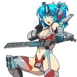  1girl armor bare_shoulders blue_eyes blue_hair breasts cleavage gloves helmet hmage index_finger_raised mecha_musume navel open_mouth personification ronin_(titanfall_2) sword thigh-highs titanfall titanfall_2 weapon whisker_markings 