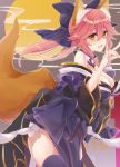  1girl animal_ears blush bow breasts cleavage fang fate/grand_order fate_(series) fox_ears fox_tail hair_bow highres japanese_clothes large_breasts long_hair looking_at_viewer looking_to_the_side open_mouth pink_hair solo tail tamamo_(fate)_(all) tamamo_no_mae_(fate) yellow_eyes yuge_(mkmk) 