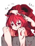  1girl bare_legs blush closed_mouth cutting_hair dress eyebrows_visible_through_hair flying_sweatdrops furorina hair_between_eyes holding jitome long_sleeves on_lap pout red_dress red_eyes redhead scissors sekibanki short_hair simple_background sitting solo touhou white_background 