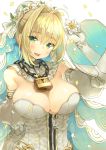  1girl :d ahoge arm_up bangs blonde_hair blush breasts bridal_veil chains cleavage collar confetti detached_collar detached_sleeves elbow_gloves eyebrows_visible_through_hair fate/extra fate/extra_ccc fate_(series) flower gloves green_eyes hair_between_eyes hair_intakes highres holding holding_flower hym9594 juliet_sleeves large_breasts lock long_sleeves looking_at_viewer open_mouth padlock petals puffy_sleeves saber_bride saber_extra short_hair sidelocks simple_background smile solo teeth upper_body veil white_background white_gloves wide_sleeves zipper zipper_pull_tab 