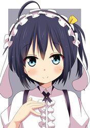  1girl animal_ears bangs black_hair blue_eyes chuunibyou_demo_koi_ga_shitai! closed_mouth collared_shirt cosplay eyebrows_visible_through_hair fleur_de_lapin_uniform frilled_hairband frilled_shirt frills gochuumon_wa_usagi_desu_ka? hair_between_eyes hair_ribbon hand_on_own_chest head_tilt highres looking_at_viewer maid naruse_mai no_eyepatch one_side_up puffy_short_sleeves puffy_sleeves rabbit_ears ribbon shirt short_sleeves smile solo takanashi_rikka uniform waitress yellow_ribbon 