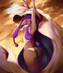  1girl animal_ears arms_up ass breasts closed_mouth clouds commentary_request dark_skin evening facepaint fate/grand_order fate_(series) from_behind hair_between_eyes hair_tubes hairband jackal_ears legs_together long_hair looking_at_viewer looking_back medium_breasts nitocris_(fate/grand_order) nitocris_(swimsuit_assassin)_(fate) one-piece_swimsuit orange_sky outdoors purple_hair sky smile solo soya_(torga) standing swimsuit two-tone_hairband very_long_hair violet_eyes white_swimsuit 