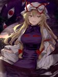  1girl bangs blonde_hair bow breasts clouds commentary_request dress dress_lift eyes gap hair_bow hat hat_ribbon izuru large_breasts lifted_by_self long_hair looking_at_viewer mob_cap outdoors red_bow red_ribbon ribbon sidelocks smile solo standing tabard touhou white_dress yakumo_yukari yellow_eyes 