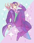  1boy absurdres blonde_hair bowler_hat emeraudolupus formal full_body hand_on_own_head hat highres jojo_no_kimyou_na_bouken long_coat long_hair male_focus necktie outline phantom_blood robert_eo_speedwagon solo sparkle suit vest yellow_eyes 