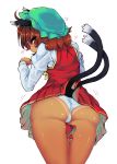  1girl animal_ears ass between_thighs brown_hair cat_ears chen chinese_clothes cowboy_shot earrings from_behind hat heart highres jewelry juliet_sleeves long_sleeves looking_at_viewer looking_back microskirt mob_cap multiple_tails osaname_riku panties pleated_skirt puffy_sleeves red_eyes red_vest shirt simple_background single_earring skirt skirt_set solo sweat tail tan tanline touhou two_tails underwear vest white_background white_panties white_shirt 