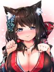  1girl :&gt; animal_ears azur_lane black_hair blue_eyes blush breasts butterfly_hair_ornament cat_ears cleavage fusou_(azur_lane) hair_ornament heart heart_background highres japanese_clothes large_breasts long_hair looking_at_viewer paw_pose shirasagi_rokuwa smile solo 