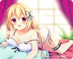  1girl aoi_yun bare_shoulders blonde_hair blush breast_press breasts cleavage commentary_request hair_ribbon large_breasts long_hair looking_at_viewer lying on_stomach open_mouth original smile solo violet_eyes 
