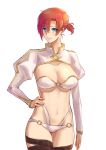  1girl bikini blue_eyes boudica_(fate/grand_order) breasts closed_mouth cowboy_shot emoshon fate/grand_order fate_(series) hand_on_hip highres juliet_sleeves large_breasts long_sleeves looking_at_viewer navel o-ring_bikini puffy_sleeves redhead short_hair short_ponytail smile solo stomach swimsuit thigh_gap white_bikini 