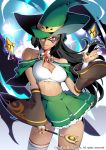  1girl black_hair breasts copyright_name hat looking_at_viewer makio00 mask medium_breasts one_eye_covered red_eyes sid_story skirt solo thigh-highs wand witch_hat wizard wizard_hat 