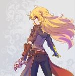  1girl ahoge alternate_costume blonde_hair commentary_request iesupa looking_back mask one_eye_closed prosthesis prosthetic_arm rwby smiley_face solo violet_eyes yang_xiao_long 