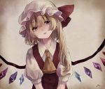  1girl ascot bangs blonde_hair expressionless flandre_scarlet hat hat_ribbon head_tilt long_hair m_(neteitai10) mob_cap puffy_sleeves red_eyes red_ribbon ribbon side_ponytail solo touhou upper_body vest white_hat wings 