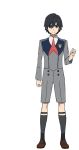  1boy black_hair blue_eyes clenched_hand code:016 darling_in_the_franxx full_body long_sleeves looking_at_viewer male_focus official_art school_uniform short_hair shorts sock_garters solo 