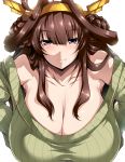  1girl ahoge breasts brown_hair cleavage collarbone double_bun eyebrows_visible_through_hair green_sweater hairband headgear huge_breasts kantai_collection kongou_(kantai_collection) long_hair simple_background sleeves_past_wrists smile solo sweater tsukasawa_takamatsu violet_eyes white_background 