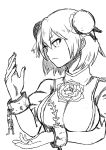  1girl bangs breasts bun_cover chains closed_mouth cuffs double_bun eyebrows_visible_through_hair flower greyscale hair_between_eyes highres himajin_no_izu ibaraki_kasen large_breasts looking_to_the_side monochrome puffy_short_sleeves puffy_sleeves rose shackles short_hair short_sleeves simple_background solo touhou upper_body white_background 