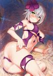  1girl arm_garter ass blurry blush breasts clenched_teeth depth_of_field eyebrows_visible_through_hair fate/grand_order fate_(series) flower front-tie_top glaring grey_hair hair_flower hair_ornament halterneck highres jeanne_alter kawai large_breasts leg_garter legs_up looking_at_viewer lying navel on_side one-piece_swimsuit outdoors partially_submerged purple_swimsuit ruler_(fate/apocrypha) short_hair solo swimsuit tsurime twisted_torso under_boob water yellow_eyes 