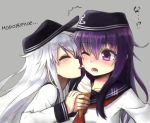  2girls akatsuki_(kantai_collection) anchor_symbol black_hat closed_eyes cyrillic flat_cap folded_ponytail food grey_background hat hibiki_(kantai_collection) ice_cream kantai_collection licking long_hair multiple_girls neckerchief purple_hair red_neckwear russian school_uniform serafuku silver_hair simple_background upper_body violet_eyes youryokuso_(chlorophyll) yuri 