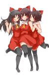  &gt;:d :d absurdres ascot bangs bare_arms benikurage black_hair black_legwear blush bow breasts brown_eyes brown_hair closed_mouth cookie_(touhou) eyebrows_visible_through_hair full_body hair_bow hair_tubes hakurei_reimu highres long_hair looking_at_viewer medium_breasts no_shoes open_mouth red_bow red_eyes red_skirt reu sananana short_hair sidelocks simple_background skirt skirt_set sleeveless smile standing standing_on_one_leg thigh-highs touhou v white_background yellow_eyes yumekamaborosh zettai_ryouiki 