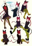  1girl animal_ears arm_up black_dress braid brown_footwear cat_ears cat_tail chin_rest closed_eyes closed_mouth dress green_legwear high_heels highres kaenbyou_rin legs_crossed loftyanchor long_hair long_sleeves looking_at_viewer multiple_tails no_shoes one_eye_closed pantyhose red_eyes redhead shoes short_dress simple_background sitting smile squatting standing tail touhou twin_braids two_tails very_long_hair white_background 
