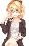  1girl ayase_eli bespectacled blonde_hair blue_eyes blush bow breasts cleavage collared_shirt formal glasses hair_bow highres legs_crossed long_sleeves looking_at_viewer love_live! love_live!_school_idol_project mogu_(au1127) open_mouth pinstripe_pattern pointer ponytail red-framed_eyewear shirt sidelocks simple_background sitting solo striped striped_bow striped_shirt suit teacher under-rim_eyewear vertical-striped_shirt vertical_stripes white_background 