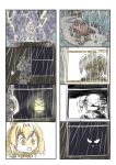  2girls 4koma animal_ears blonde_hair comic grey_hair head_wings highres house kemono_friends lightning looking_out_window multiple_girls murakami_rei rain scared serval_(kemono_friends) serval_ears shoebill_(kemono_friends) silent_comic storm window yellow_eyes 