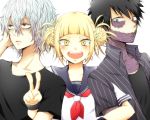  1girl 2boys arm_holding blush boku_no_hero_academia dabi_(boku_no_hero_academia) fangs looking_at_viewer multiple_boys open_mouth school_uniform serafuku shigaraki_tomura smile teeth toga_himiko upper_body v white_background 