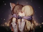  2girls bare_shoulders blonde_hair blouse blush bow breath brown_hair closed_eyes detached_sleeves forehead-to-forehead hair_bow hair_tubes hakurei_reimu hand_holding imminent_kiss interlocked_fingers kirisame_marisa large_bow long_hair long_sleeves multiple_girls night no_hat no_headwear raito47 scarf shared_scarf snow touhou vest yuri 