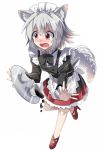  1girl alternate_costume animal_ears apron blush coffee coffee_cup e.o. enmaided highres inubashiri_momiji maid maid_apron maid_headdress open_mouth red_eyes short_hair silver_hair simple_background solo tail touhou waist_apron white_background wolf_ears wolf_tail 