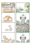  1girl 4koma animal animal_on_head basin bird bird_on_head cat comic duck duckling food grass grey_hair head_wings highres japari_bun kemono_friends murakami_rei on_head plant shoebill_(kemono_friends) silent_comic sleeping stone water 