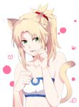  :p abs animal_ears bare_shoulders blonde_hair blush breasts cat_ears cat_tail cleavage fate/apocrypha fate_(series) gemi_25 green_eyes highres paw_pose paw_print saber_of_red small_breasts tail tongue tongue_out upper_body white_background 