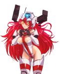  1girl armor bare_shoulders blush breasts cleavage elbow_gloves gloves green_eyes heart heart_hands helmet hmage long_hair looking_at_viewer mecha_musume medium_breasts personification redhead rocket_launcher smile solo thigh-highs titanfall titanfall_2 tone_(titanfall_2) very_long_hair visor visor_cap weapon 