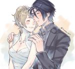  1boy 1girl black_hair blonde_hair blush braid breasts cleavage closed_eyes couple dress final_fantasy final_fantasy_xv formal hands_on_another&#039;s_shoulders isakawa_megumi jewelry lunafreya_nox_fleuret necklace noctis_lucis_caelum older smile suit upper_body 