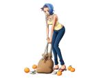1girl :d band blue_eyes blue_hair blue_pants bodskih breasts cleavage collarbone denim food fruit full_body holding leaning_forward looking_at_viewer nojiko one_piece open_mouth orange pants shirt short_hair sleeveless sleeveless_shirt smile solo standing tattoo transparent_background yellow_shirt