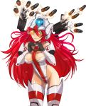  1girl armor bare_shoulders breasts cleavage elbow_gloves firing gloves green_eyes heart heart_hands helmet hmage large_breasts long_hair mecha_musume personification redhead rocket_launcher smile thigh-highs titanfall titanfall_2 tone_(titanfall_2) very_long_hair visor visor_cap weapon 