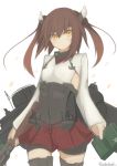  1girl absurdres akahuzi alternate_hairstyle artist_name black_legwear blush closed_mouth eyebrows gun highres holding holding_gun holding_weapon kantai_collection long_hair looking_at_viewer red_skirt skirt solo taihou_(kantai_collection) thigh-highs twintails twitter_username weapon yellow_eyes 