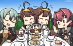  3girls :d afterimage ahoge blue_hair blue_sky brown_hair cake closed_eyes colombia_pose commentary_request cup dated day dessert eating food gloves hamu_koutarou headgear highres kantai_collection kinu_(kantai_collection) kongou_(kantai_collection) long_hair multiple_girls neck_ribbon open_mouth pastry red_eyes redhead remodel_(kantai_collection) ribbon sailor_collar serving short_hair sky smile suzuya_(kantai_collection) sweat table tea teacup 