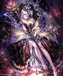  1girl black_gloves blue_eyes breasts checkered checkered_floor cleavage collarbone crown dress earrings gloves hair_over_one_eye holding holding_staff irua jewelry large_breasts long_hair looking_at_viewer necklace pointy_ears shingeki_no_bahamut silver_hair sitting sleeveless sleeveless_dress solo staff strapless strapless_dress 