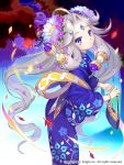  1girl autumn autumn_leaves bag clock copyright_name floral_print flower hair_flower hair_ornament highres japanese_clothes kimono leaf long_hair makio00 maple_leaf moon moriarty_(sid_story) night night_sky sid_story silver_hair sky solo violet_eyes 