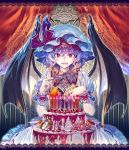  1girl bat_wings cake candle curtains fang fingernails flower food fork fruit hair_between_eyes hat hat_ribbon holding indoors looking_at_viewer mob_cap nail_polish open_mouth pocket_watch puffy_short_sleeves puffy_sleeves purple_hair red_eyes red_nails red_ribbon remilia_scarlet revision ribbon rose sharp_fingernails short_sleeves smile solo strawberry touhou watch white_hat wings wrist_cuffs zounose 