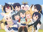  6+girls :d :o ;d ^_^ animal_ears bare_shoulders black_eyes black_gloves black_hair black_legwear black_neckwear blonde_hair blue_sky bow bowtie brown_eyes chair closed_eyes clouds common_raccoon_(kemono_friends) day elbow_gloves emperor_penguin_(kemono_friends) fang fennec_(kemono_friends) fox_ears fox_tail gentoo_penguin_(kemono_friends) gloves grass grey_hair grin group_hug hair_between_eyes happy headphones highres hug humboldt_penguin_(kemono_friends) kaban_(kemono_friends) kemono_friends lucky_beast_(kemono_friends) multicolored_hair multiple_girls nature one_eye_closed open_mouth outdoors pantyhose pantyhose_under_shorts penguins_performance_project_(kemono_friends) pink_hair print_gloves print_neckwear print_skirt puffy_short_sleeves puffy_sleeves purple_hair raccoon_ears raccoon_tail red_eyes red_shirt redhead rockhopper_penguin_(kemono_friends) royal_penguin_(kemono_friends) serval_(kemono_friends) serval_ears serval_print serval_tail shirt short_hair short_sleeves shorts sitting skirt sky sleeveless sleeveless_shirt smile striped_tail sumemako tail tree white_hair white_shirt white_skirt yellow_neckwear 