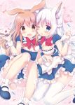  2girls :d ;p amedamacon animal_ears bangs blue_dress blue_eyes blush braid breasts brown_eyes brown_hair bunny_girl dress eyebrows_visible_through_hair fox_ears fox_girl fox_tail frills hair_between_eyes half_updo hands_up holding knees_up long_hair looking_at_viewer maid medium_breasts multiple_girls one_eye_closed open_mouth original pastry_bag pink_background rabbit_ears sitting small_breasts smile tail tareme tasting thigh-highs tongue tongue_out wariza wavy_mouth whipped_cream white_hair white_legwear wrist_cuffs 