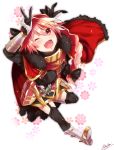  ;d amamfoy artist_name black_legwear blush braid cape capelet fate_(series) flower fur_trim garter_straps gauntlets one_eye_closed open_mouth pink_hair red_cape red_eyes rider_of_black smile trap v 
