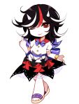  1girl absurdres black_hair blue_bow bow bracelet chibi dress highres horns jewelry kijin_seija middle_finger multicolored_hair one_eye_closed red_eyes redhead sash sheya simple_background streaked_hair tongue tongue_out touhou white_background white_hair 