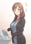  1girl black_jacket blush breasts brown_hair copy_machine highres jacket kitazawa_(embers) large_breasts long_hair long_sleeves looking_at_viewer office_lady open_mouth original red_neckwear simple_background solo violet_eyes white_background 