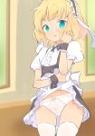  1girl :p aqua_eyes blonde_hair caburi_aki cowboy_shot eyebrows_visible_through_hair flat_chest gluteal_fold gochuumon_wa_usagi_desu_ka? hairband hand_to_own_mouth highres indoors kirima_sharo lolita_hairband looking_at_viewer panties puffy_short_sleeves puffy_sleeves short_hair short_sleeves skirt skirt_lift solo thigh-highs tongue tongue_out underwear white_legwear white_panties wrist_cuffs 