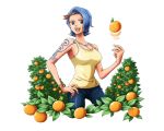  1girl :d band blue_eyes blue_hair blue_pants bodskih bracelet breasts cleavage collarbone cowboy_shot denim food fruit hand_on_hip jewelry large_breasts looking_at_viewer nojiko one_piece open_mouth orange pants redhead shiny shiny_clothes shirt short_hair sideboob sleeveless sleeveless_shirt smile solo standing transparent_background yellow_shirt 