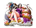  1girl black_hair blue_eyes boa_hancock bodskih breasts collarbone dress earrings floating_hair high_heels jewelry large_breasts legs_crossed long_hair looking_at_viewer one_piece purple_dress sitting sleeveless sleeveless_dress snake solo transparent_background very_long_hair 