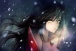  1girl ahri animal_ears bare_shoulders black_hair breasts cleavage collarbone detached_sleeves facial_mark fox_ears korean_clothes large_breasts league_of_legends lips long_hair looking_at_viewer red_hod slit_pupils snow snowing solo whisker_markings yellow_eyes 