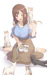  ;d blush breasts brown_hair brown_skirt cat collarbone highres jewelry kitazawa_(embers) large_breasts necklace one_eye_closed open_mouth original seiza simple_background sitting skirt smile violet_eyes white_background 